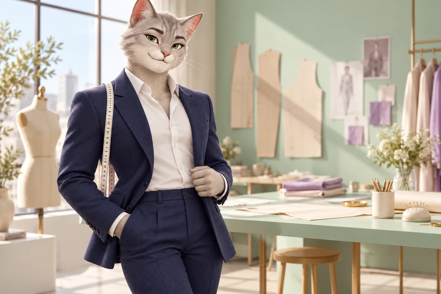 穿深蓝量身西装的灰猫男生，肩搭软尺，站在明亮的量衣工作室；AI 创意形象